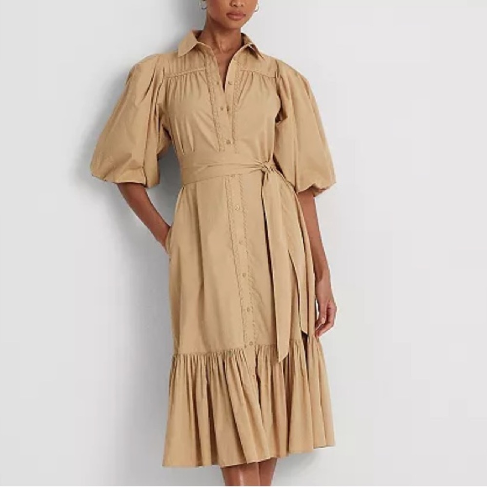 Lauren Ralph Lauren Belted Broadcloth Bubble-Sleeve Shirtdress